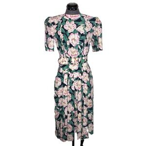 Vintage 80s Floral‎ Dress Belted E.D. Michaels Puff Sleeve Cottagecore 37-30-44